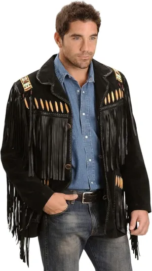Men's Traditional Suede leather Western Cowboy Jacket | Classic Native American Coat with Bones Beaded Fringed