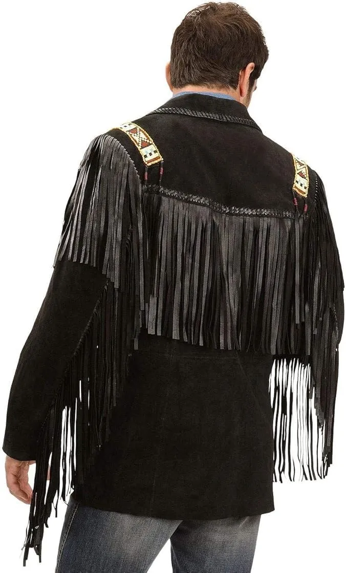 Men's Traditional Suede leather Western Cowboy Jacket | Classic Native American Coat with Bones Beaded Fringed