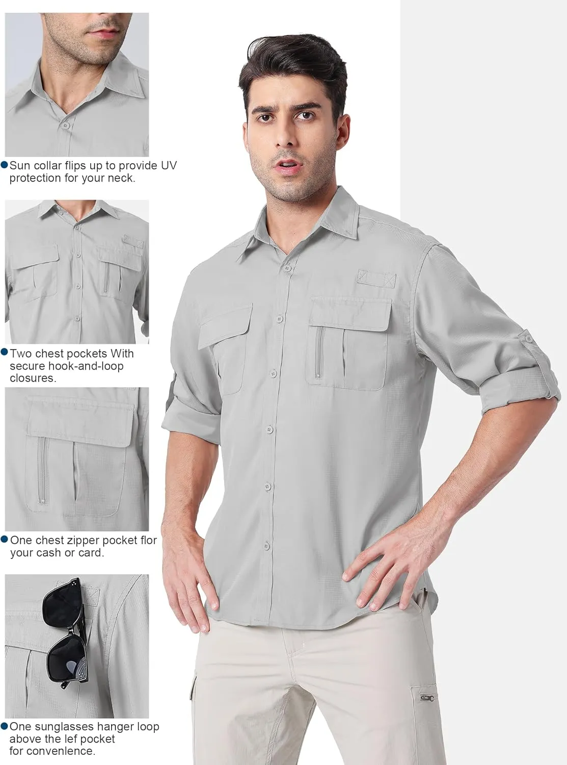 Men's UPF 50  UV Long Sleeve Sun SPF Protection Button Down Quick Dry Shirts Cooling Fishing Breathable for Safari Hiking