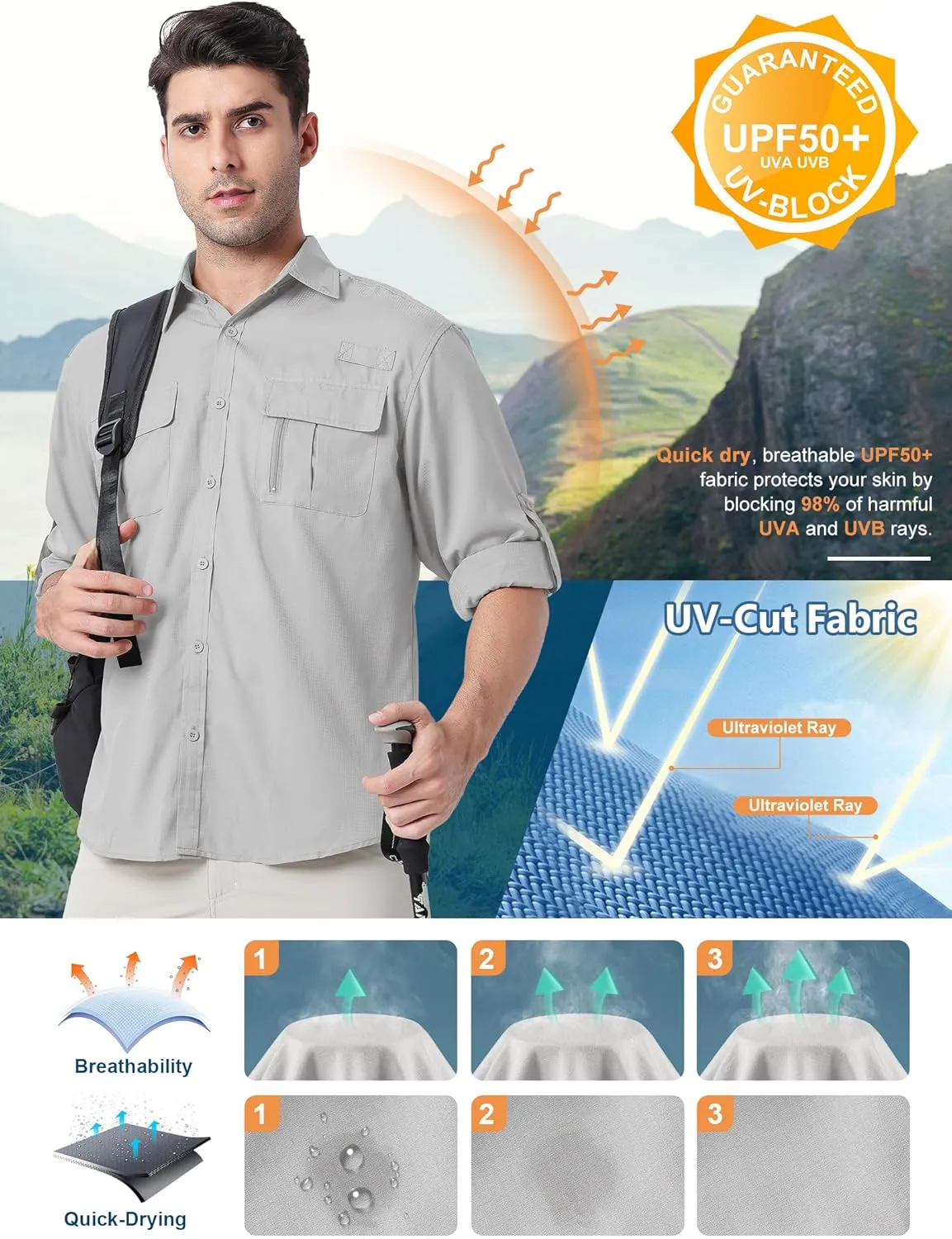 Men's UPF 50  UV Long Sleeve Sun SPF Protection Button Down Quick Dry Shirts Cooling Fishing Breathable for Safari Hiking