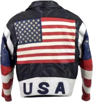 Men's USA Flag Logo Design Biker Bomber Motorcycle Black Real Leather Jacket