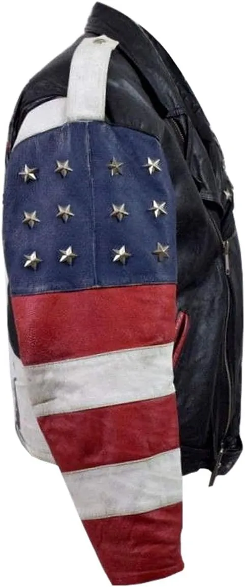 Men's USA Flag Logo Design Biker Bomber Motorcycle Black Real Leather Jacket