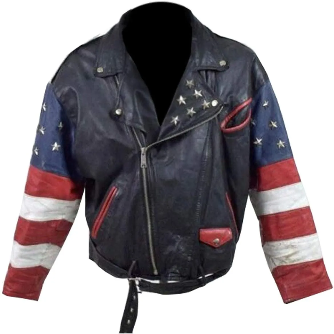 Men's USA Flag Logo Design Biker Bomber Motorcycle Black Real Leather Jacket