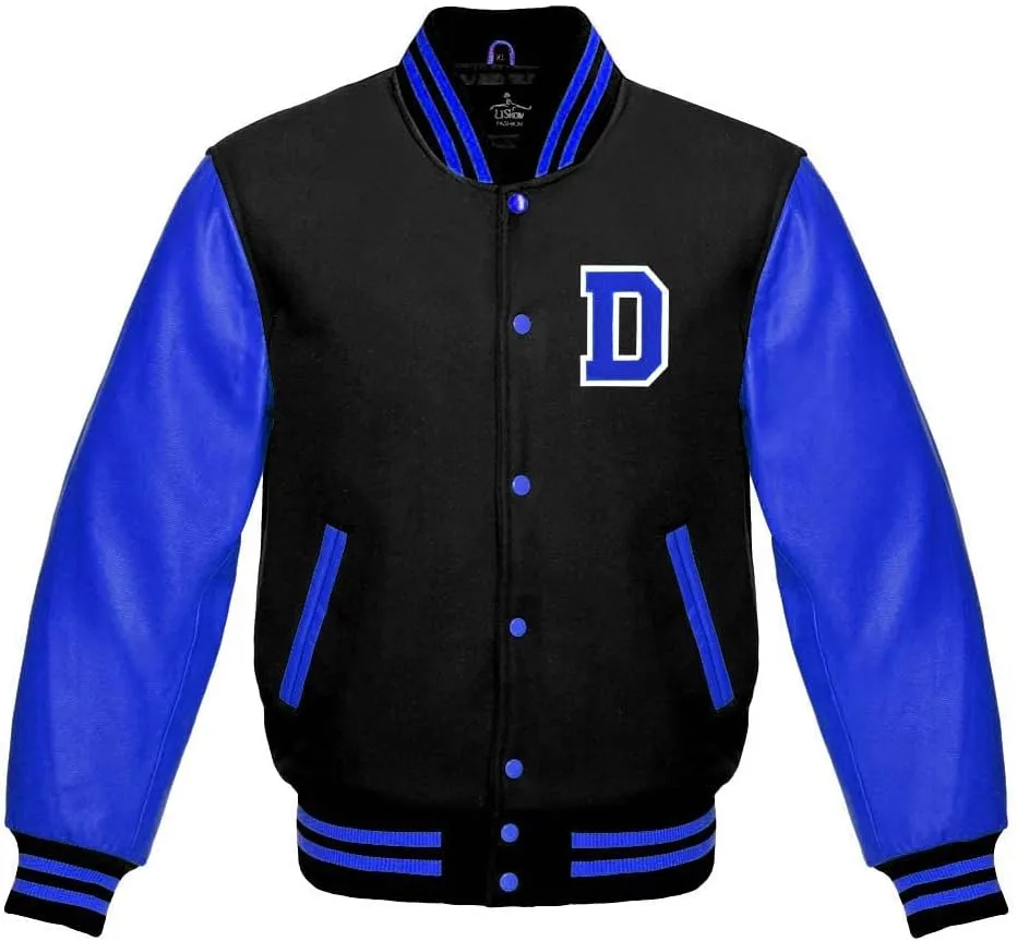 Men's Varsity Baseball Letterman Bomber Wool & Royal Blue Genuine Leather Sleeves D Logo Jacket