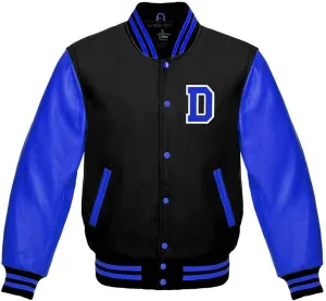 Men's Varsity Baseball Letterman Bomber Wool & Royal Blue Genuine Leather Sleeves D Logo Jacket