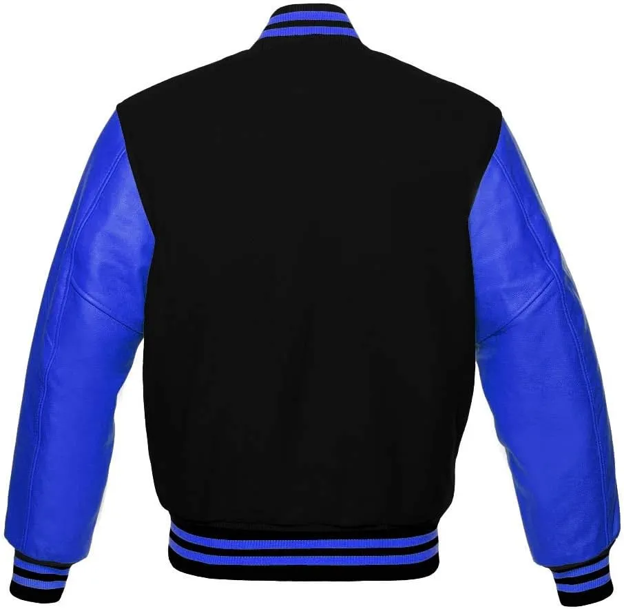 Men's Varsity Baseball Letterman Bomber Wool & Royal Blue Genuine Leather Sleeves D Logo Jacket