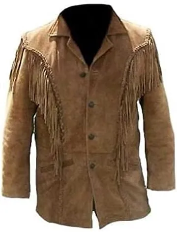 Men's Western Cowboy Jacket with Fringed Beads Native American Suede Leather Coat