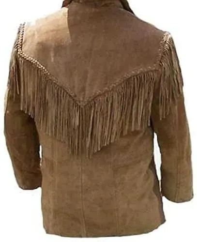 Men's Western Cowboy Jacket with Fringed Beads Native American Suede Leather Coat