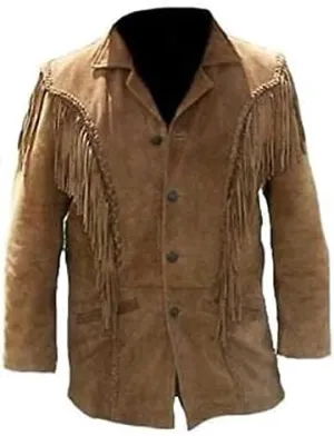 Men's Western Cowboy Jacket with Fringed Beads Native American Suede Leather Coat