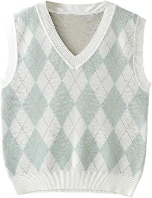 Milumia Girl's Heart Geo Argyle V Neck Sweater Vest Sleeveless Crop Tops Knitwear