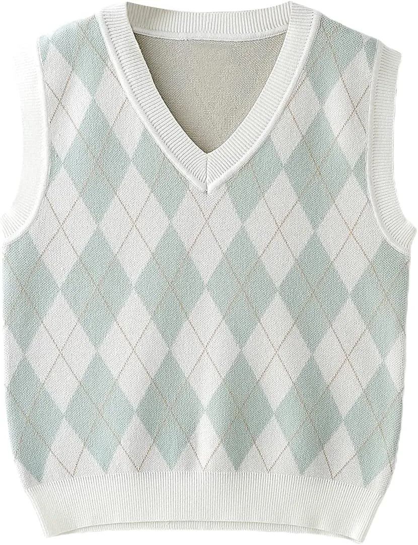 Milumia Girl's Heart Geo Argyle V Neck Sweater Vest Sleeveless Crop Tops Knitwear