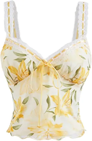 Milumia Women's Floral Print Sweetheart Neck Tank Top Tie Front Summer Camisoles