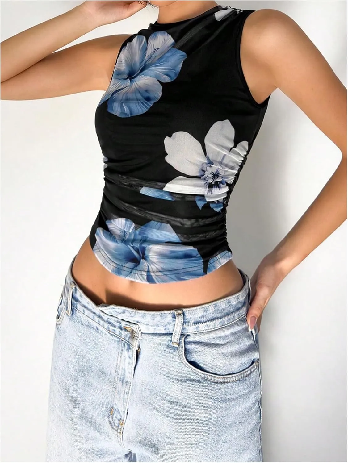 Milumia Women's Flower Print Mesh Top Sleeveless Mock Neck Ruched Tank Tops