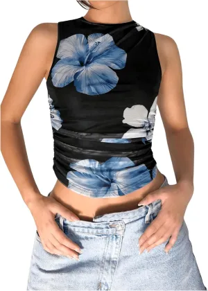 Milumia Women's Flower Print Mesh Top Sleeveless Mock Neck Ruched Tank Tops
