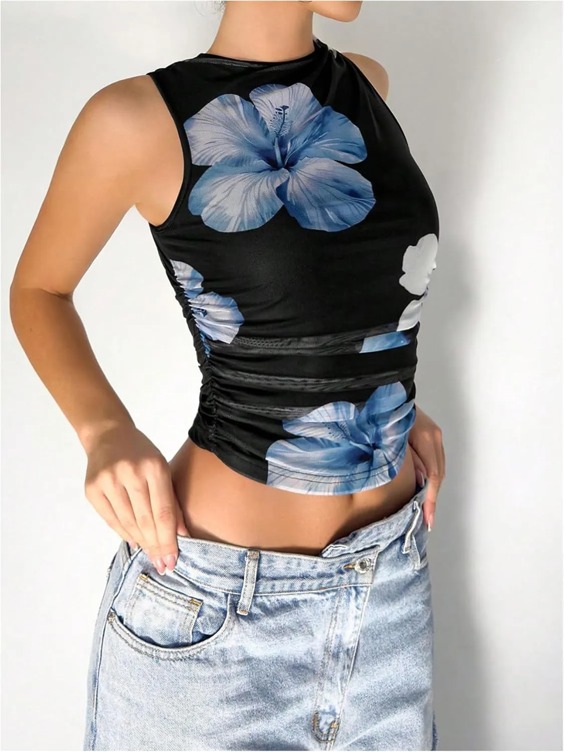 Milumia Women's Flower Print Mesh Top Sleeveless Mock Neck Ruched Tank Tops