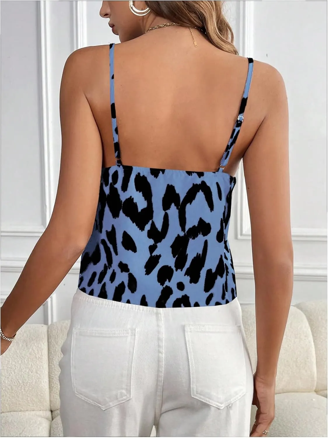 Milumia Women's Leopard Print Tie Bow V Neck Cami Top Spaghetti Strap Camisole