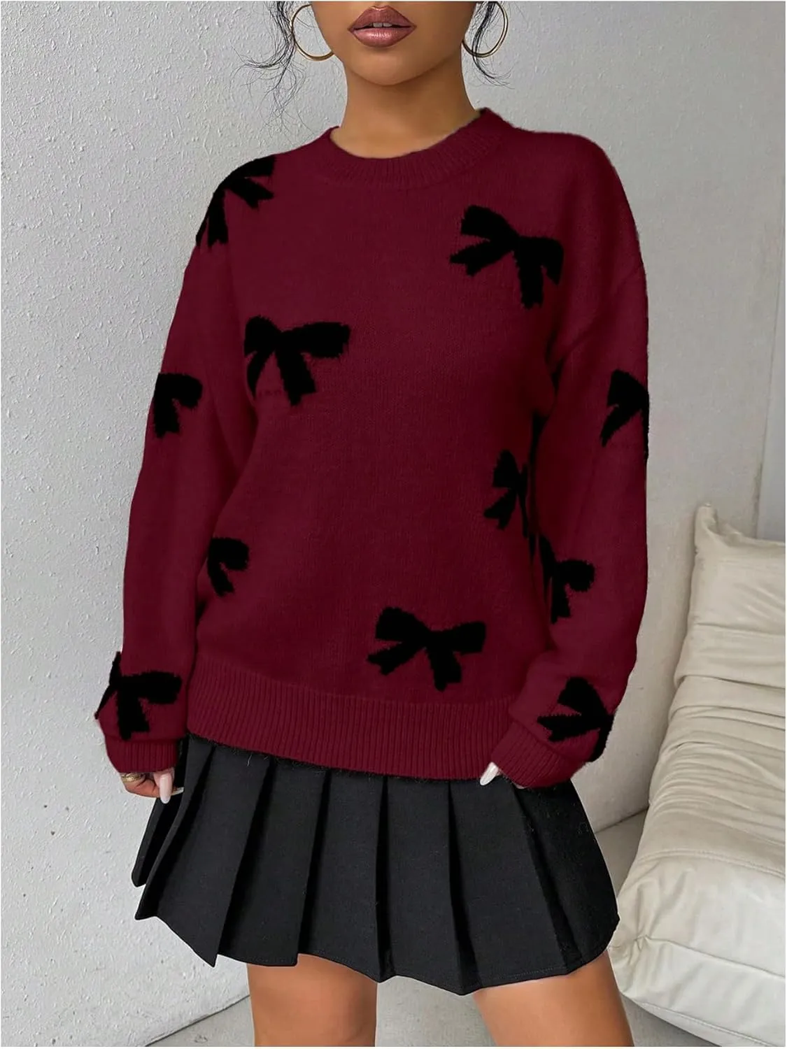 Milumia Women's Y2K Bow Sweater Long Sleeve Crew Neck Knit Pullover Top