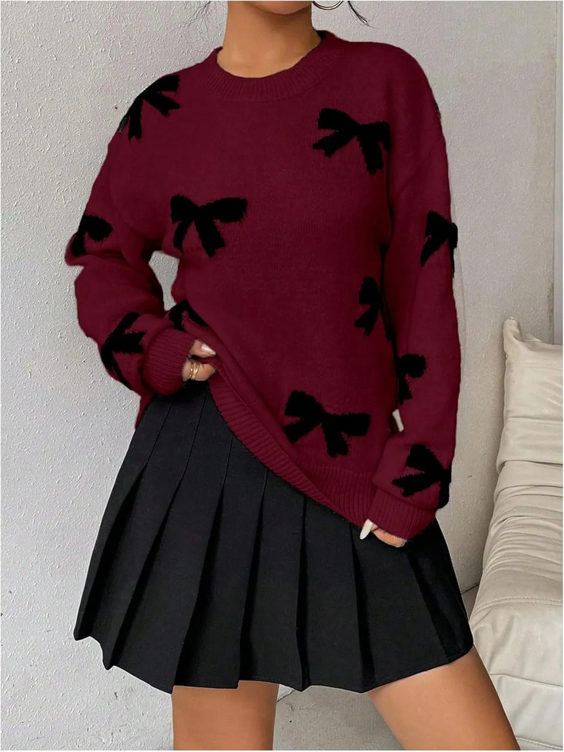 Milumia Women's Y2K Bow Sweater Long Sleeve Crew Neck Knit Pullover Top