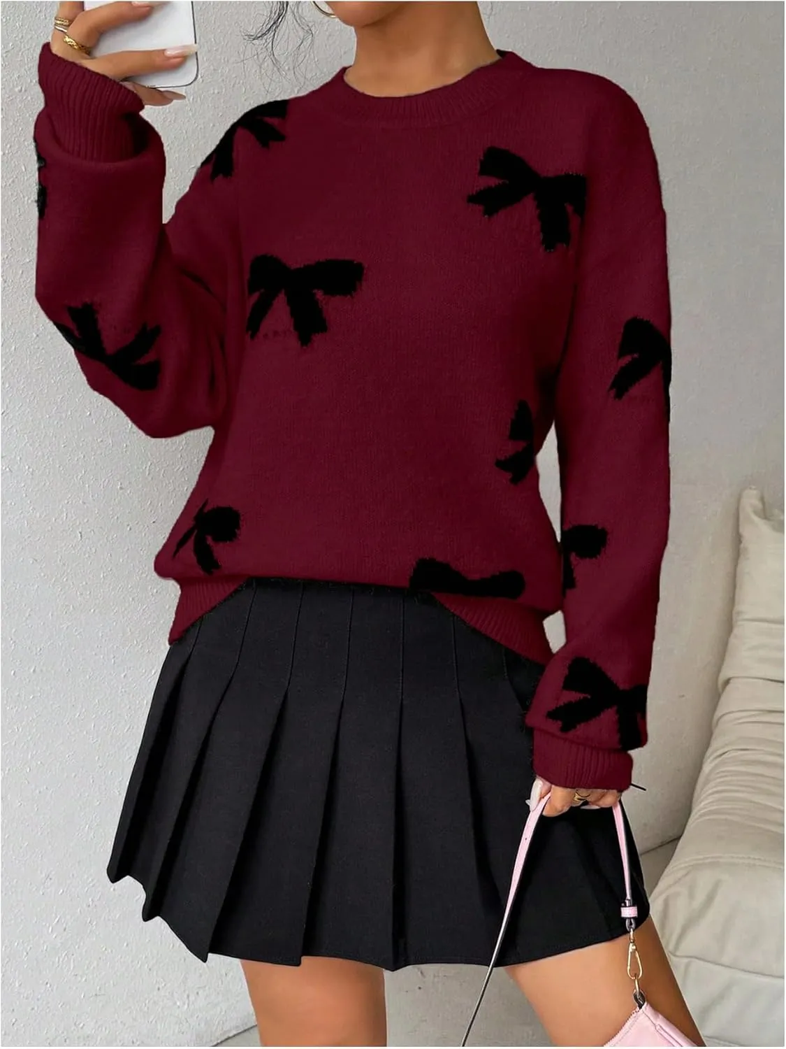 Milumia Women's Y2K Bow Sweater Long Sleeve Crew Neck Knit Pullover Top