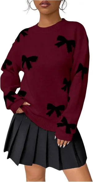 Milumia Women's Y2K Bow Sweater Long Sleeve Crew Neck Knit Pullover Top