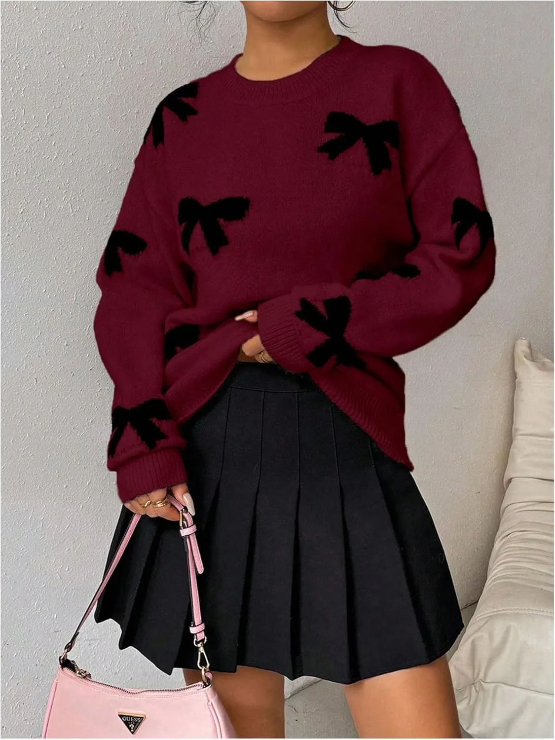 Milumia Women's Y2K Bow Sweater Long Sleeve Crew Neck Knit Pullover Top