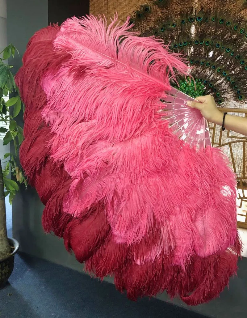 Mix coral red & Burgundy XL 2 Layer Ostrich Feather Fan 34''x 60'' with Travel leather Bag