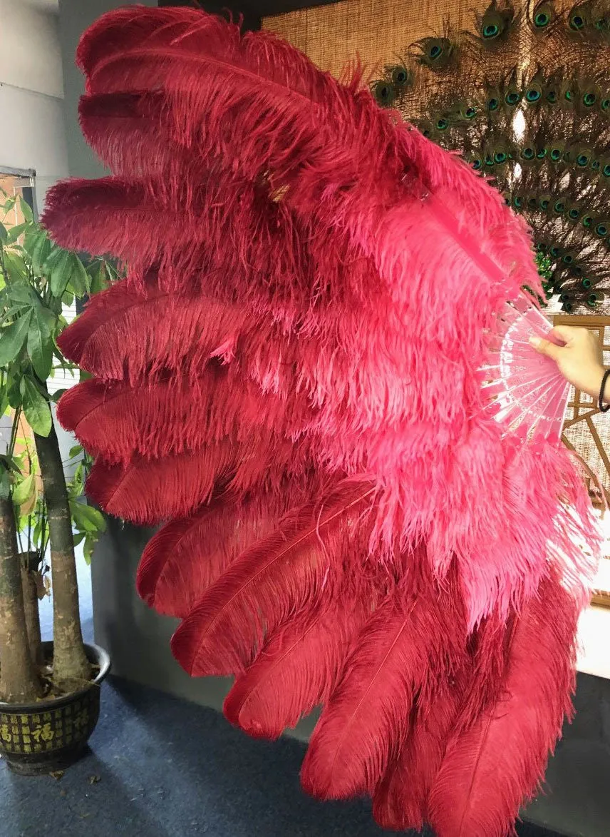 Mix coral red & Burgundy XL 2 Layer Ostrich Feather Fan 34''x 60'' with Travel leather Bag