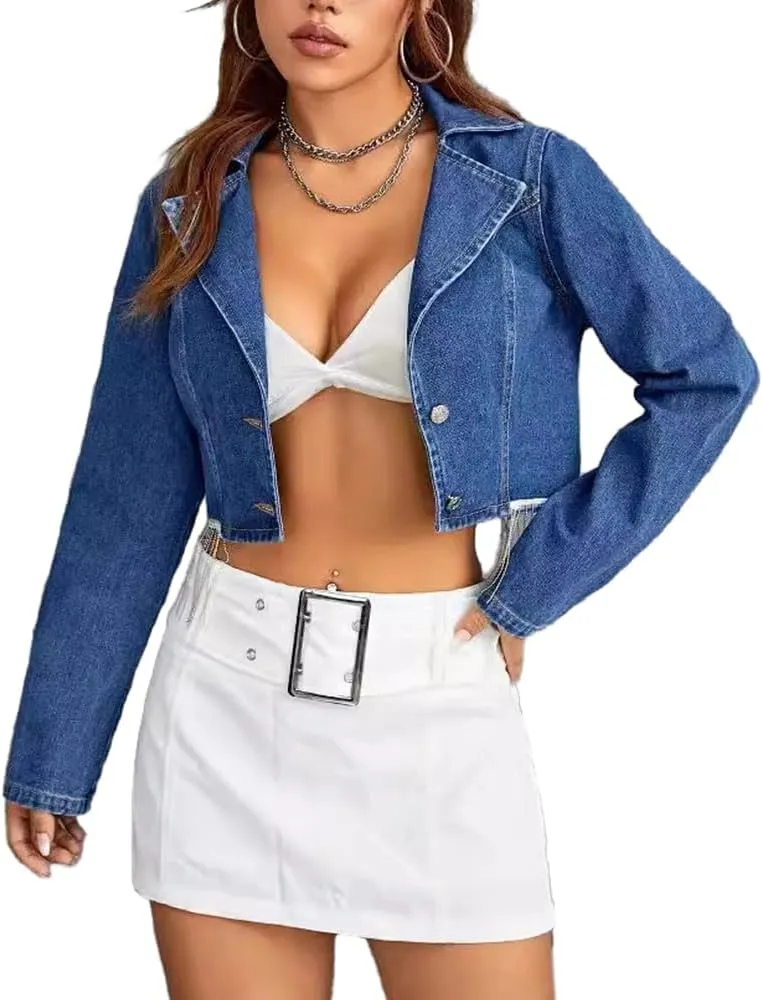 Molilove Women's Cropped Tassels Denim Jacket Casual Y2k Jacket Fringe Jean Jackets Crop Denim Jackets Coat Fall Outwear