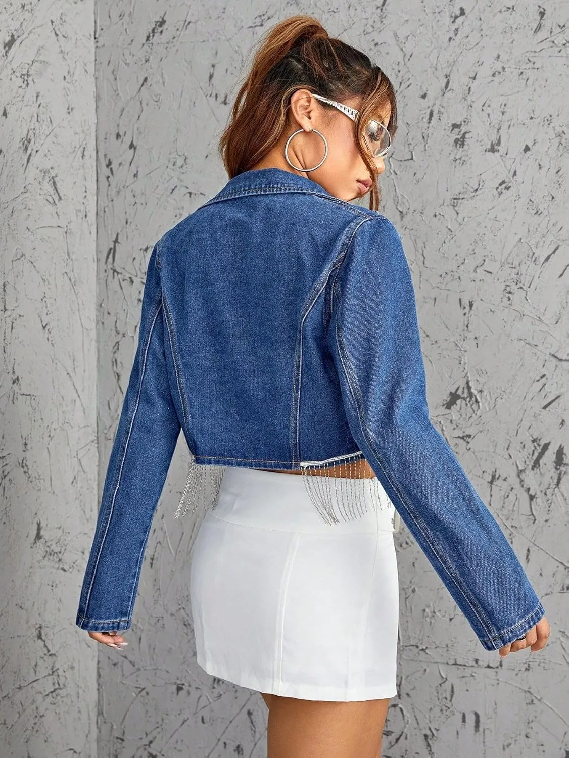Molilove Women's Cropped Tassels Denim Jacket Casual Y2k Jacket Fringe Jean Jackets Crop Denim Jackets Coat Fall Outwear