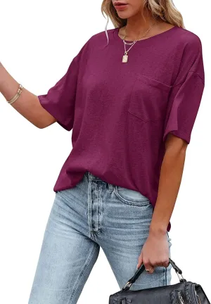 Muchpow Women's Crewneck Summer T Shirt Short Sleeve Casual Loose Tops with Pocket