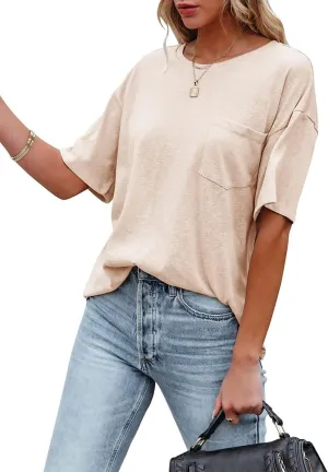 Muchpow Women's Crewneck Summer T Shirt Short Sleeve Casual Loose Tops with Pocket