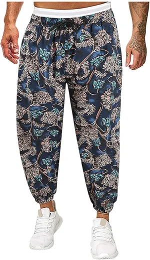 Muscularfit Mens Pants Expandable Waist Cotton Linen Fashion Print Drop Crotch Wide Leg Harem Pant Casual Loose Trousers 2023