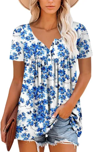 Mystry Zone Womens Henley V Neck Casual Blouse Button Down T Shirts Flare and Flowy Tops