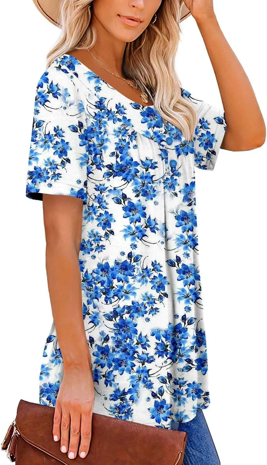 Mystry Zone Womens Henley V Neck Casual Blouse Button Down T Shirts Flare and Flowy Tops