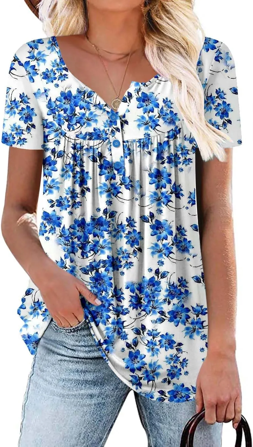 Mystry Zone Womens Henley V Neck Casual Blouse Button Down T Shirts Flare and Flowy Tops