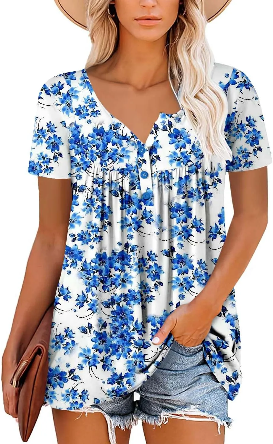 Mystry Zone Womens Henley V Neck Casual Blouse Button Down T Shirts Flare and Flowy Tops