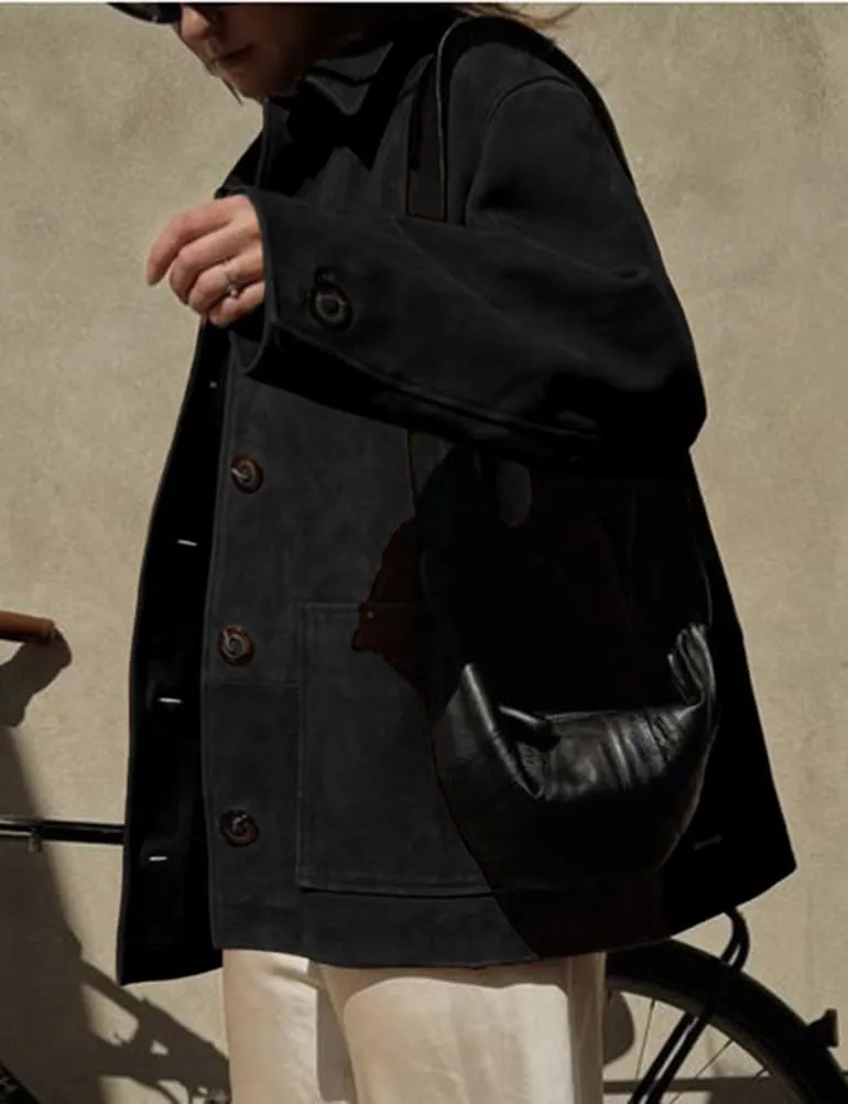Mywinway Suede Jacket for Women 2024 Fall Winter Y2k Oversized Casual Faux Leather Blazer Jackets Trench Coat Outerwear