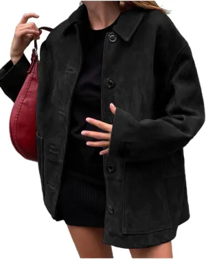 Mywinway Suede Jacket for Women 2024 Fall Winter Y2k Oversized Casual Faux Leather Blazer Jackets Trench Coat Outerwear