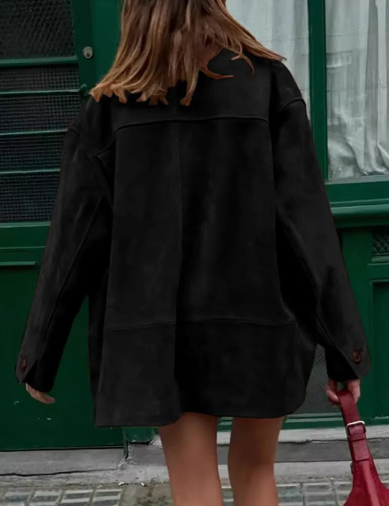 Mywinway Suede Jacket for Women 2024 Fall Winter Y2k Oversized Casual Faux Leather Blazer Jackets Trench Coat Outerwear
