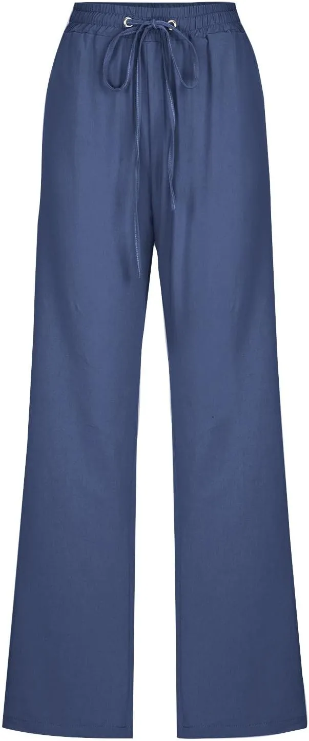 Mzkdieey Womens Casual Cotton Linen High Waist Pants Drawstring Loose Fit Summer Straight Leg Pants Trousers with Pockets