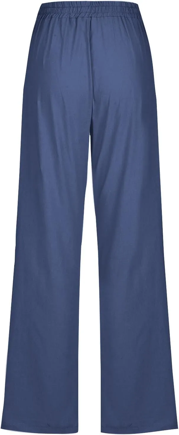 Mzkdieey Womens Casual Cotton Linen High Waist Pants Drawstring Loose Fit Summer Straight Leg Pants Trousers with Pockets