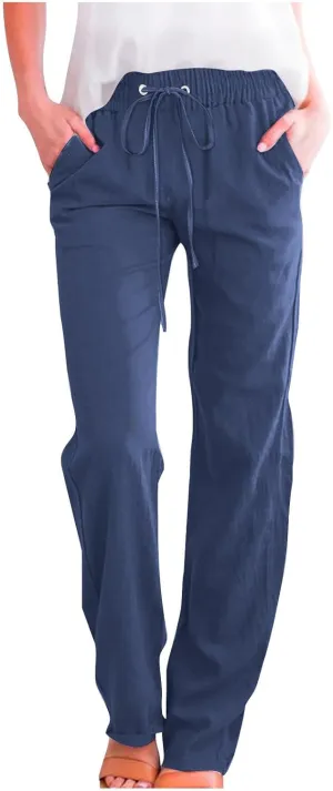 Mzkdieey Womens Casual Cotton Linen High Waist Pants Drawstring Loose Fit Summer Straight Leg Pants Trousers with Pockets
