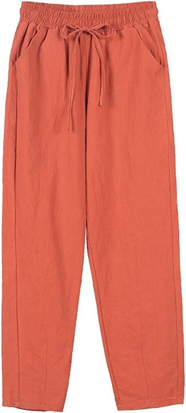 NBXNZWF Women's Cotton Linen Straight Leg Pants Elastic Drawstring Casual Trousers Summer Beach Lounge Pants with Pockets