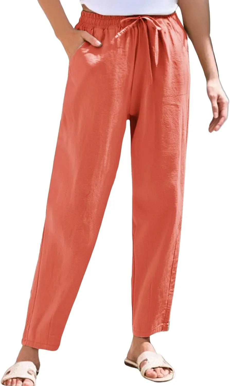 NBXNZWF Women's Cotton Linen Straight Leg Pants Elastic Drawstring Casual Trousers Summer Beach Lounge Pants with Pockets