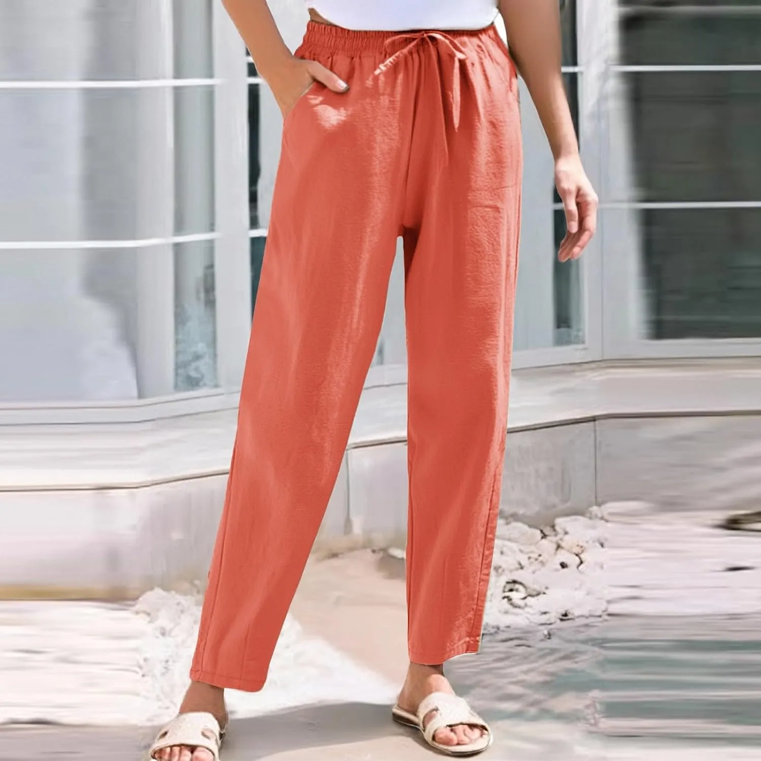 NBXNZWF Women's Cotton Linen Straight Leg Pants Elastic Drawstring Casual Trousers Summer Beach Lounge Pants with Pockets