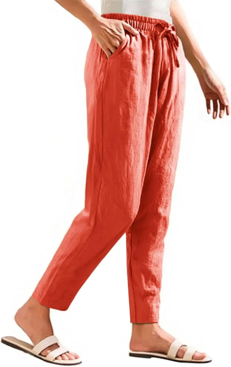 NBXNZWF Women's Cotton Linen Straight Leg Pants Elastic Drawstring Casual Trousers Summer Beach Lounge Pants with Pockets