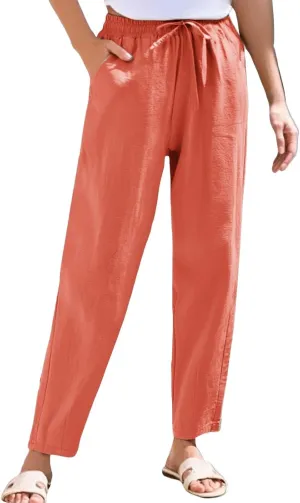 NBXNZWF Women's Cotton Linen Straight Leg Pants Elastic Drawstring Casual Trousers Summer Beach Lounge Pants with Pockets