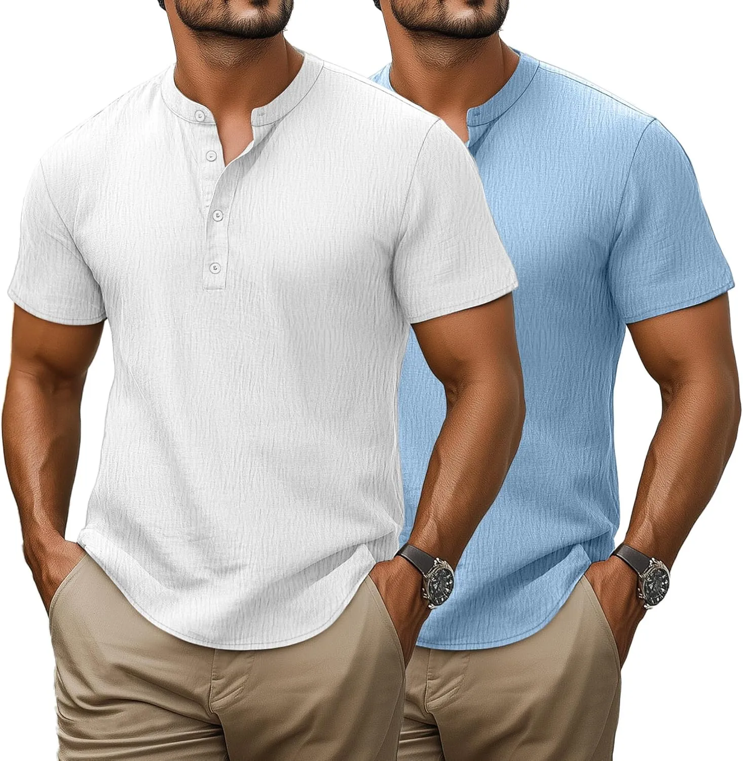 Neer 2 Pack Big and Tall Shirts for Men Casual Button Short Sleeve Henley T Shirt Band Collar Plus Size Top Beach Tee