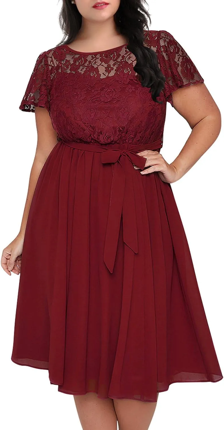 Nemidor Women's Scooped Neckline Floral lace Top Plus Size Cocktail Party Midi Dress