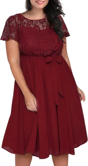 Nemidor Women's Scooped Neckline Floral lace Top Plus Size Cocktail Party Midi Dress